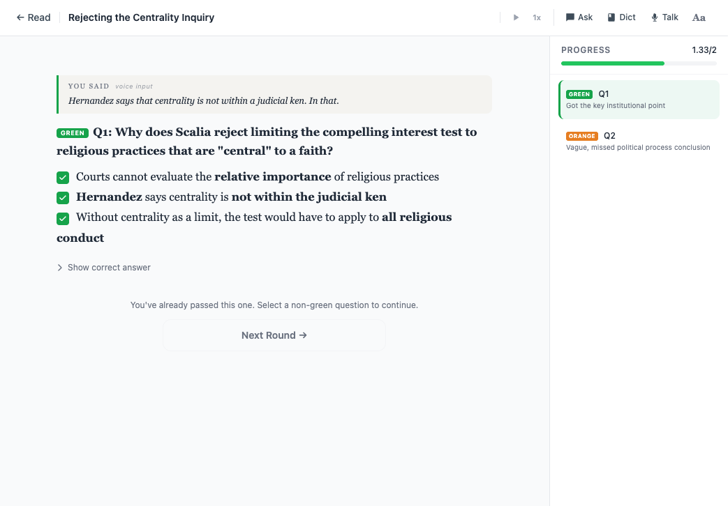 A screenshot of an Acacia answer marked green, with a sidebar showing two prior greens and one in progress.